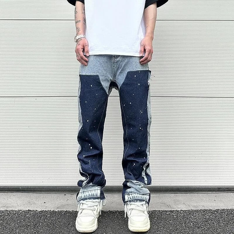 Stitching ink splashed jeans men s couple European and American trendy brand fried street American fashion