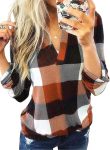 Dokotoo Womens Basic Casual V Neck Plaid